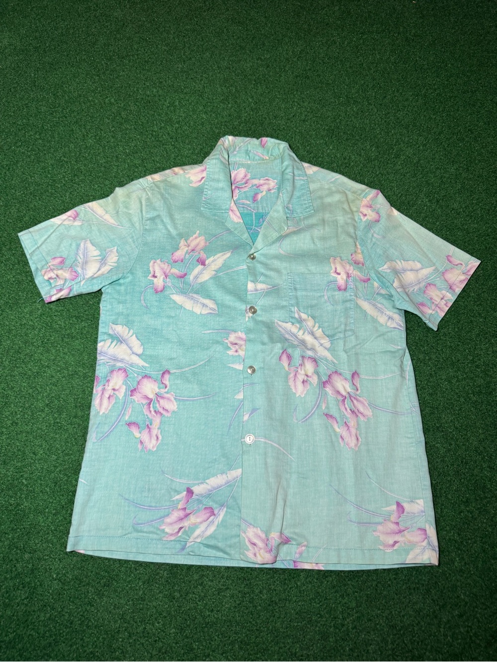 Hawaiian Vintage Shirt 70s Blue Floral Feather Tropical M/L 20x27 Vacation Shirt